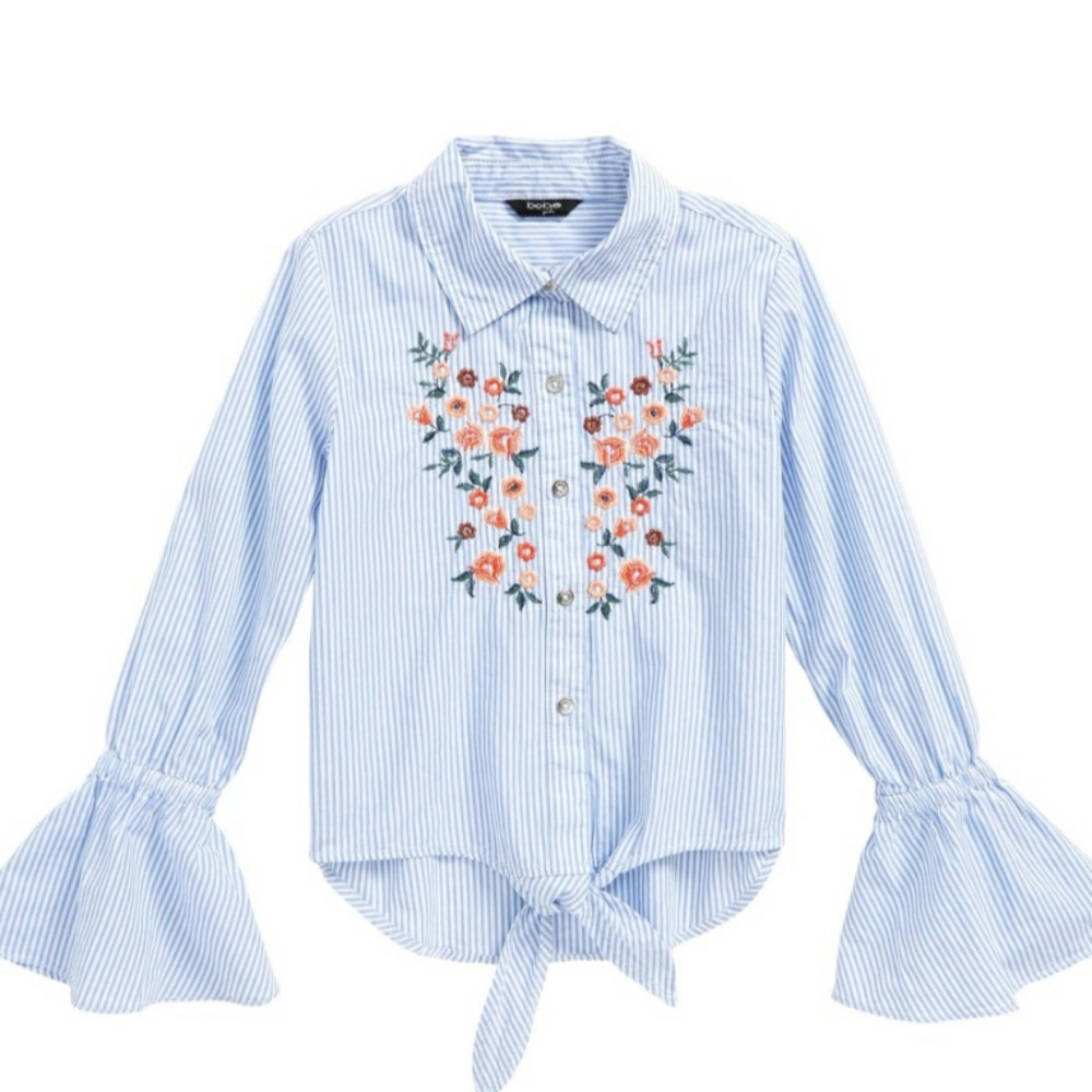 Embroidered Floral Strippe Bell Cuff Top